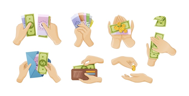 Vector people hands holding cash money golden coin dollar and euro set