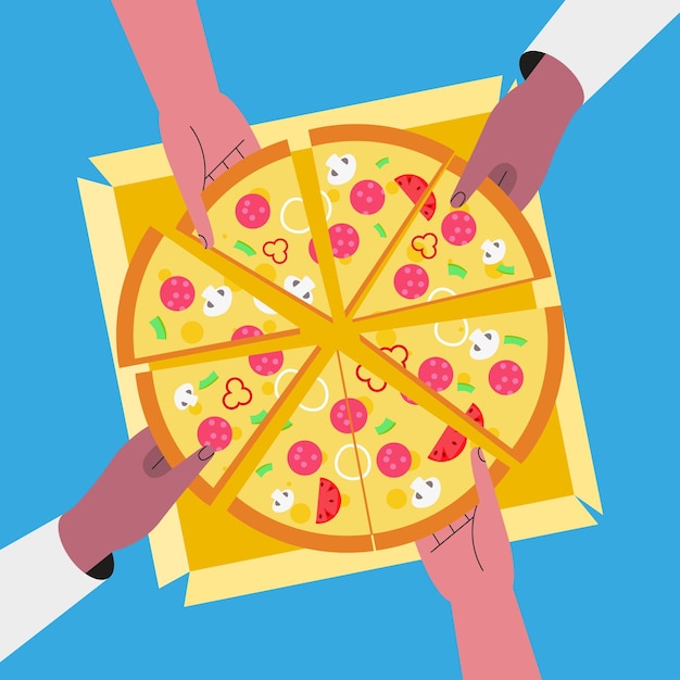 People have dinner together and share a huge pizza hands top view Flat style Vector