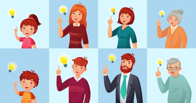 People have solution, ideas lamp bulb metaphor. Girl and boy, teenagers, male and female office workers brainstorming, generating ideas. Old grandfather and grandmother vector illustration