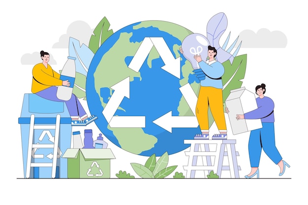 People helping to clean the world by recycling and sorting waste for better environment Environmental and earth day vector cartoon illustration for landing page web banner hero images