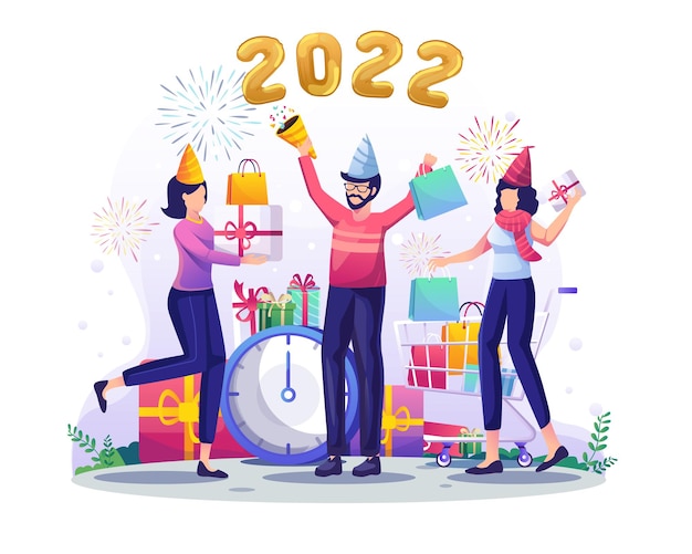 People hold gifts and enjoy shopping to celebrate New year 2022 illustration