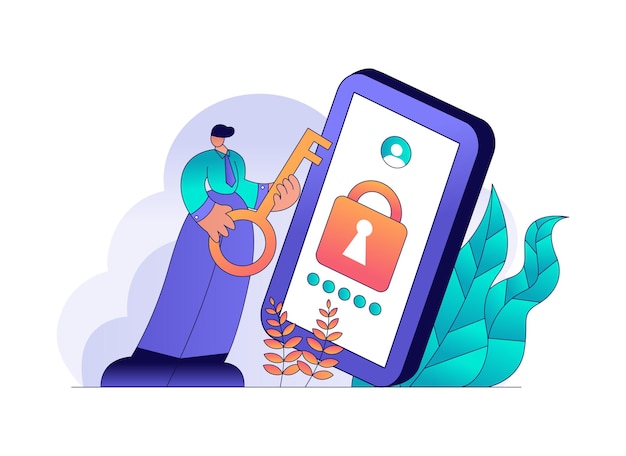 people hold key to unlock the password flat design