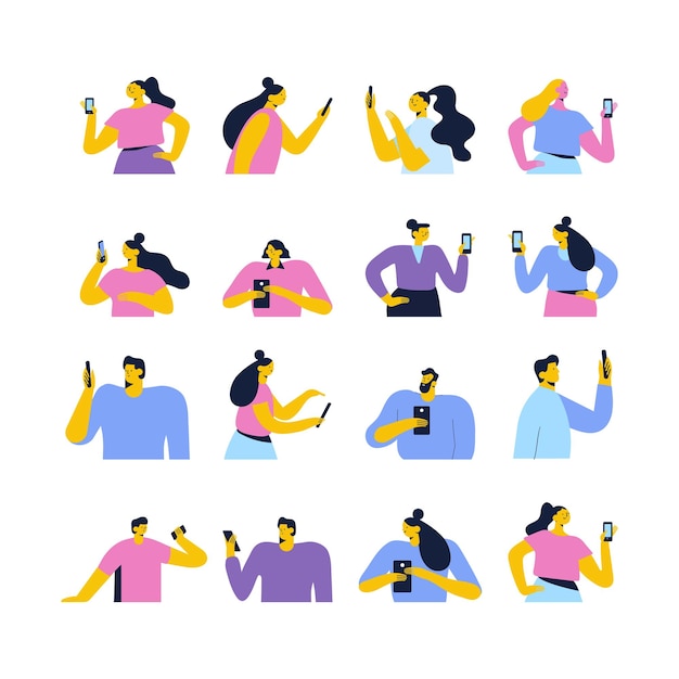 People holding cell phone in hand flat vector illustration