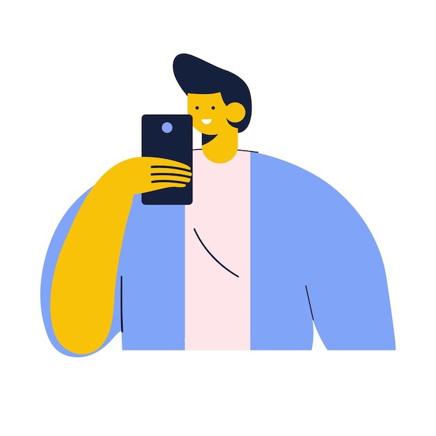 People holding cell phone in hand flat vector illustration