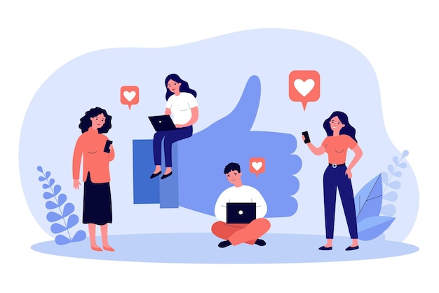 People holding electronic device and liking photos, posts and comments. Modern characters scrolling networks flat vector illustration. Social media concept for banner, website design, landing web page