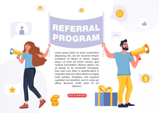 People holding a flag with referral program word.