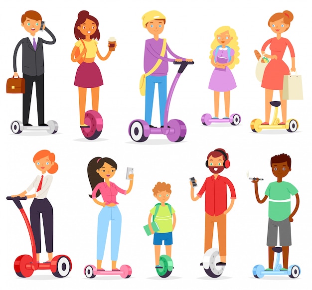 People on hoverboard  character on segway and businessman on gyroscooter illustration set of man balancing on electrical monowheel or balanceboard  on white background