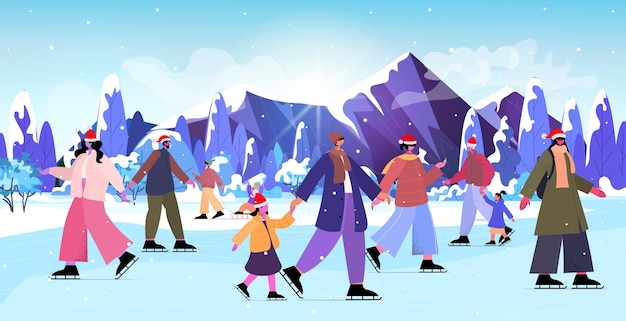 people at ice-skating rink winter sport activity christmas new year holidays concept men women in santa hats spending time together landscape background full length vector illustration