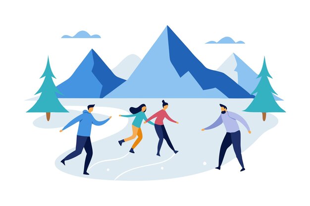 Vector people ice skating in a winter landscape with mountains and evergreen trees