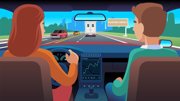 People inside car. Driver and passenger ride on road to city, woman driving auto on highway using navigator, flat vector cartoon characters back view on city landscape