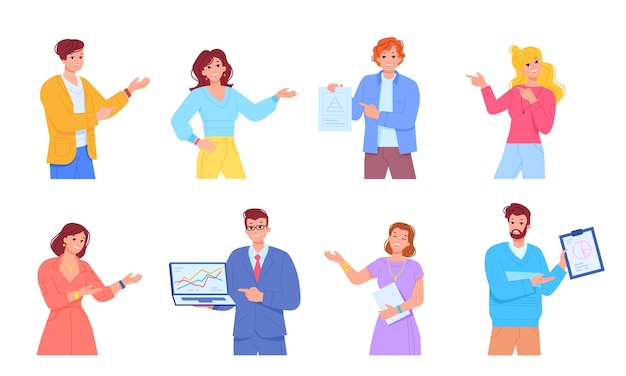 Vector people introducing product presenter showing hand aside promoting person explaining lecture or ads presentation smth products manager pointing hands swanky vector illustration