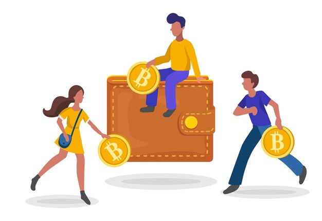 People investing gold coins in bitcoin wallet flat minimalist styling Vector illustration of earning and saving money