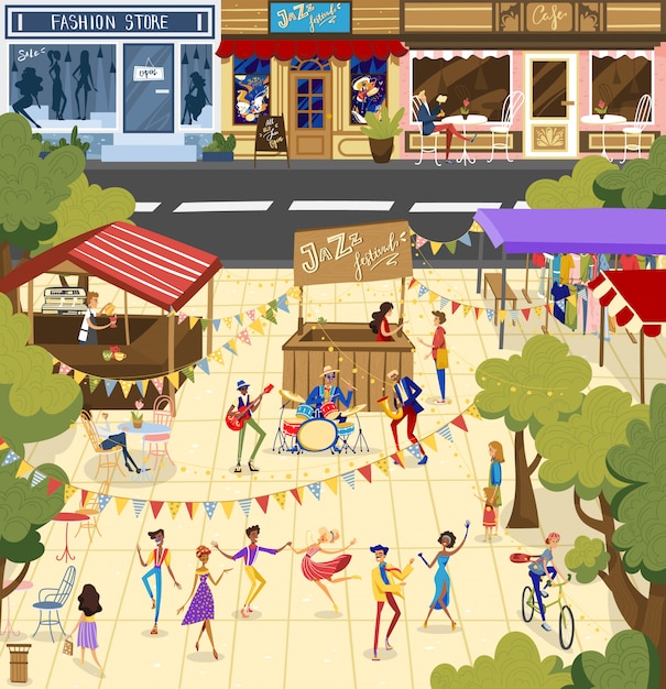 People on jazz festival illustration, cartoon flat man woman dancer character dancing, performer musician band playing jazz music