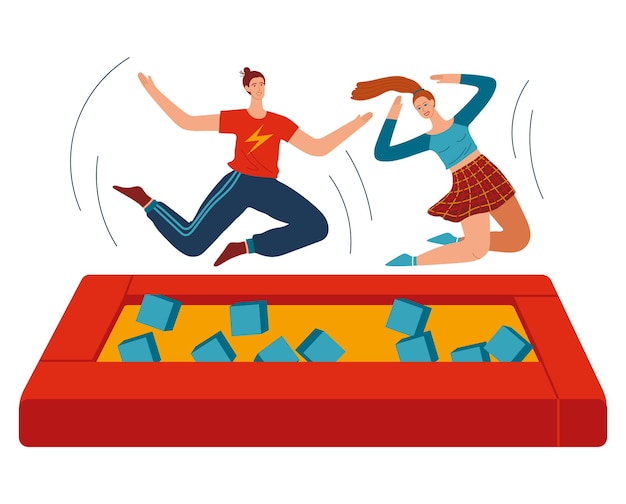 People jumping trampolines set of isolated vector illustration trampolining people and rebounders