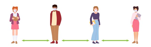 Vector people keep social distance. masked student keeping distance, infection risk and disease. protective medical mask prevent coronovirus