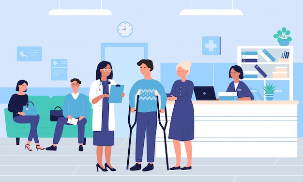 People in large intensive therapy hospital hall room   illustration.