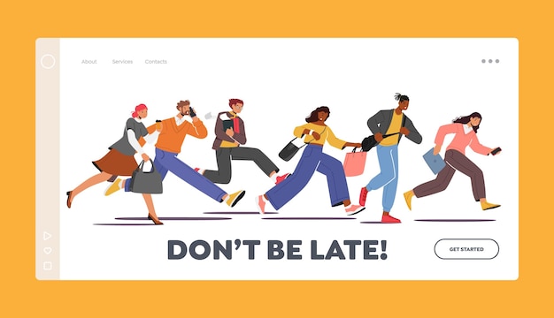 People Late in Office Landing Page Template Characters Hurry at Work due to Oversleep or Traffic Jam Businessmen Run