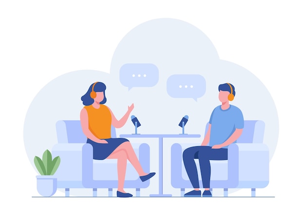 People listening and recording audio podcast or online show vector flat illustration Joyful person radio host interviewing guest