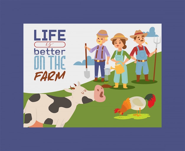 People live and work on farm banner illustration. 