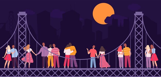 People look at full moon Couples stand on bridge at night evening city and romantic dates vector concept