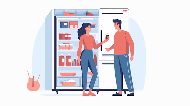 Vector people looking in fridge men and women in kitchen