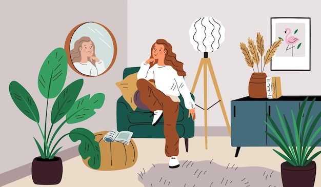 Vector people looking at round mirror beautiful girl examines reflection cozy room interior woman sits in chair narcissistic female relaxes in comfortable armchair garish vector concept