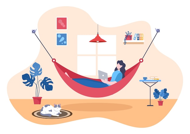 Vector people lying on hammock in home flat cartoon vector illustration. summer vacation outdoor picnic between two walls