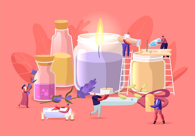 People Making Aroma Candles for Home Decor Concept. Tiny Characters Create Huge Candles Using Ingredients in Glass Flasks, Herbs, Flowers and Essential Oils in Jars. Cartoon Vector Illustration