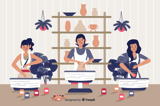 Vector people making pottery flat design