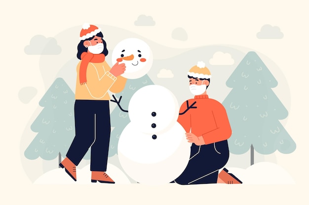 Vector people making together a snowman while wearing face masks