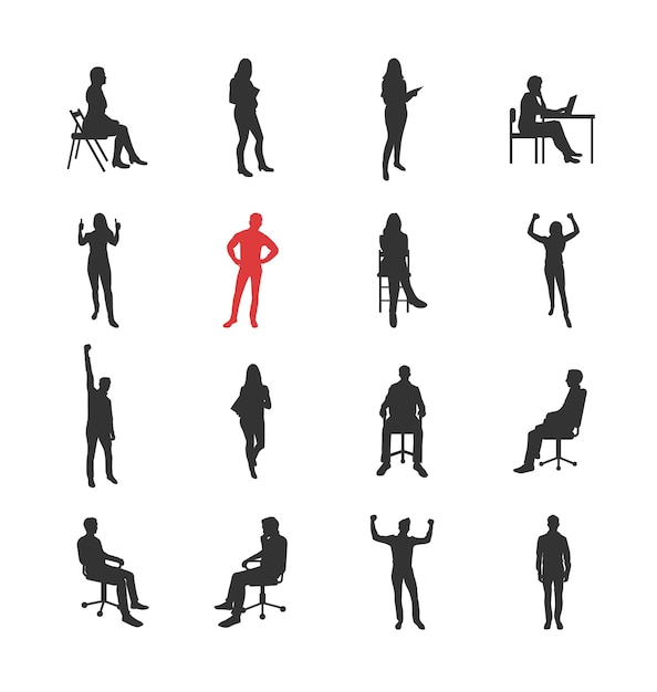 People, male, female silhouettes in different casual common poses - modern flat design isolated icons set. Standing, sitting, holding book, delight, success, at the computer