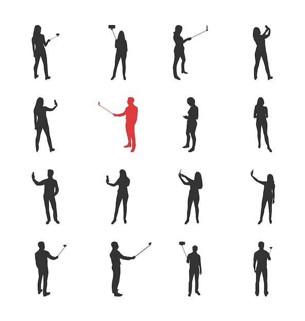 People, male, female silhouettes in different shooting selfie pictures poses - modern flat design isolated icons set. Making selfies with and without selfie stick