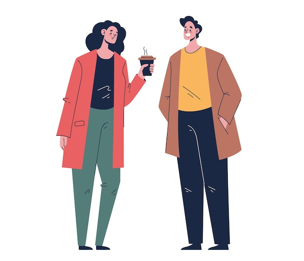 Vector people man woman couple characters taking break and drink coffee isolated concept