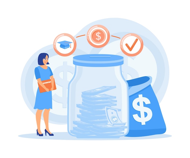 Vector people manage personal finances teenage girl saves money in jar for education financial education concept flat vector illustration