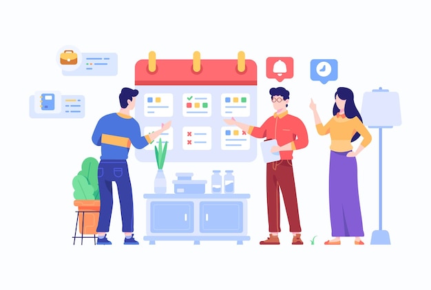 People Manage Work Schedule on Calendar Flat Design Style Illustration