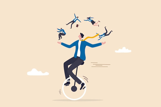 People management or HR, human resources, diversity or inclusive, career and recruitment concept, smart skillful businessman manager riding unicycle balance juggling team members diversify people.