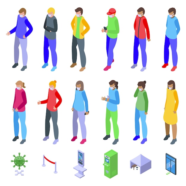 People in masks stand in line icons set isometric vector Woman face