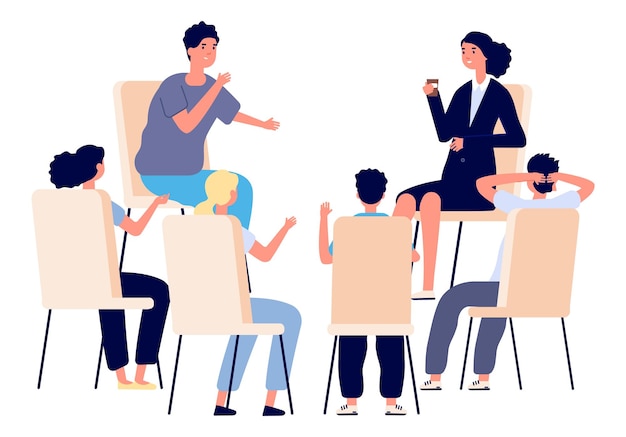 People meeting. Psychotherapy training, business lecture or conference. Persons sitting in circle and talking. Cartoon man woman support group vector concept