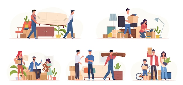 Vector people moving home families preparing transporting in new apartment sorting boxes movers carry furniture items packing transportation service relocating concept vector cartoon scenes set