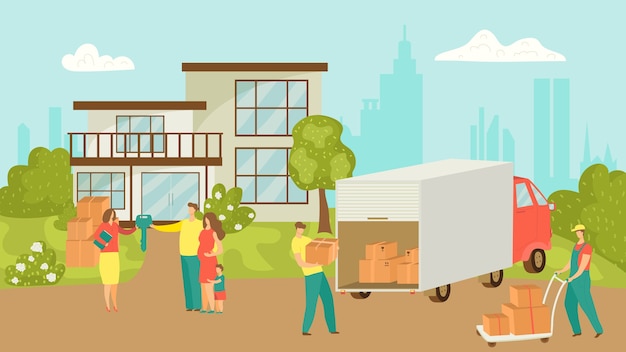 Vector people moving house of happy family moving house and taking boxes into truck