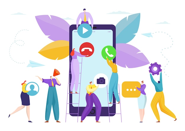 People near smartphone design flat development illustration