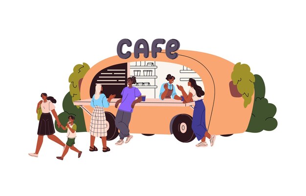 People near truck cafe on summer holidays Vendor selling talking with customers at outdoor van cafeteria Caravan with street food and drinks Flat vector illustration isolated on white background