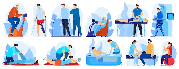 People in orthopedic therapy rehabilitation vector illustration set. Cartoon flat therapist character working with disabled patient