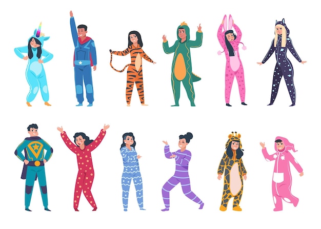 People in pajamas Cartoon men and women wear cozy clothes for sleeping Isolated funny suits with animalistic prints superheroes and fiction characters costumes Vector overalls set