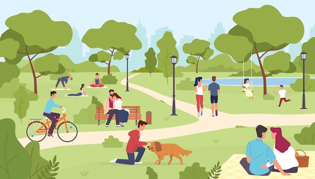 People in park. Happy men and women sitting on bench, city summer or spring park walking, group yoga class outdoor, nature romantic dates, children play, riding bicycle vector colorful cartoon concept