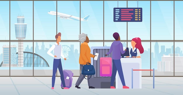 People passenger at international airport check in standing in line before travel