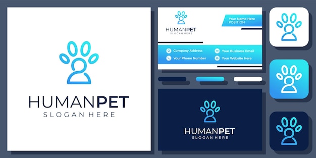 People Paw Human Pet Care Animal Footprint Dog Cat Vector Logo Design with Business Card