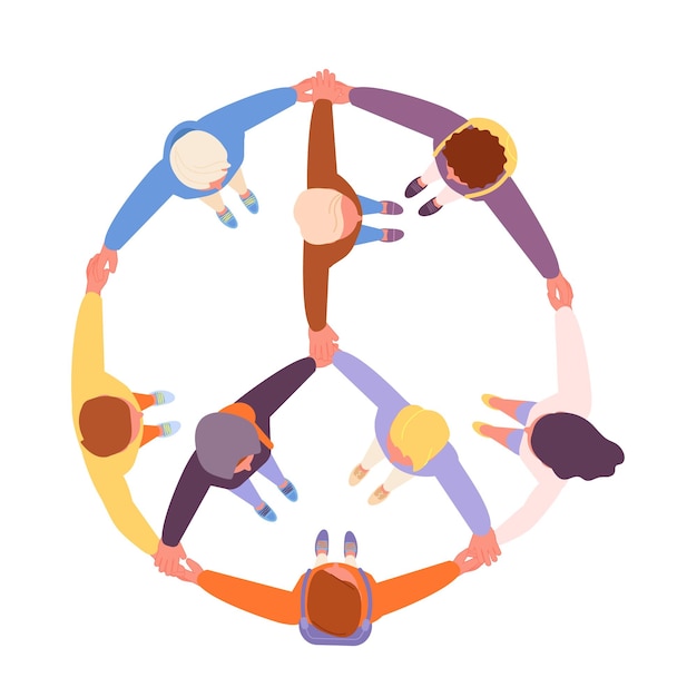 People in peace symbol Hugging support circle man lifestyle and cooperation Friends teamwork or community group modern diverse society utter vector scene