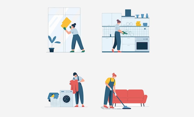 Vector people performing household chores cleaning windows washing dishes laundry vacuuming