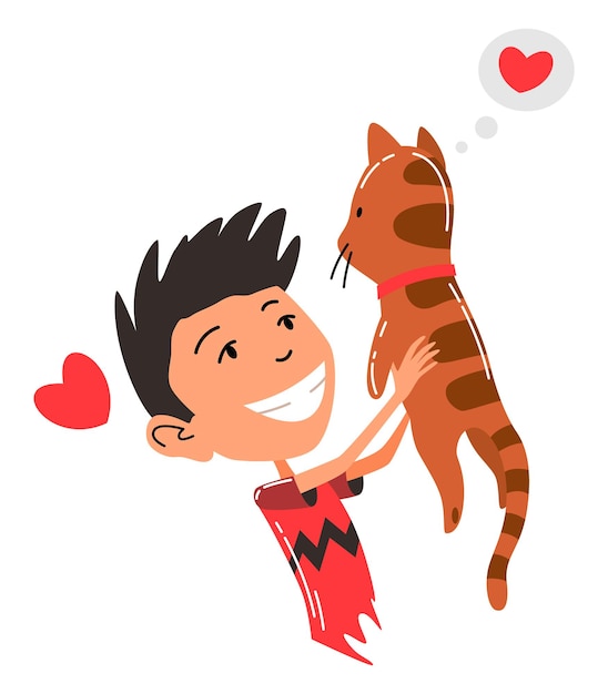 People and pet. Cat pet owner character. Owner hugging cat. Young boy love him animal. Cute and adorable domestic animal.